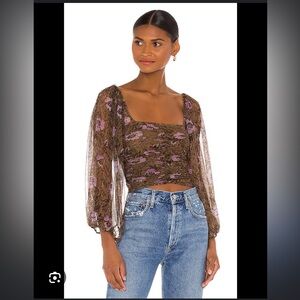 Free People Lilia Puff Sleeve Crop Top in Olive Combo